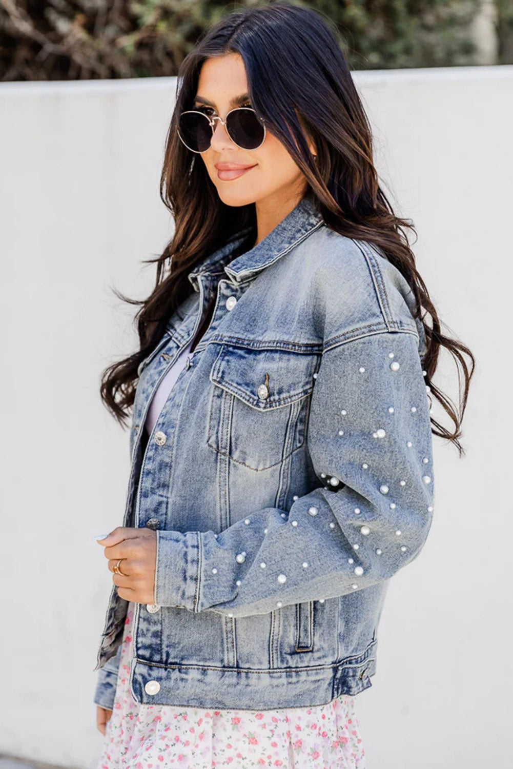 Sky Blue Pearl Beaded Chest Pockets Buttoned Denim Jacket