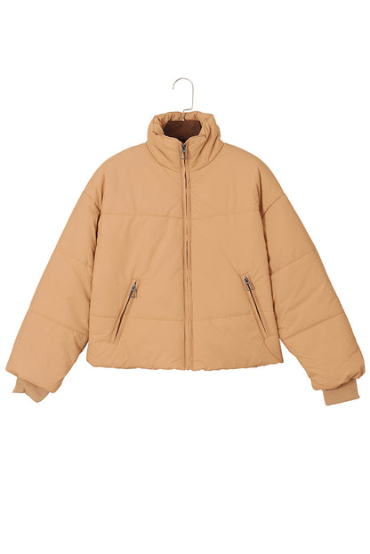 Brown Zip Up Pocketed Puffer Coat