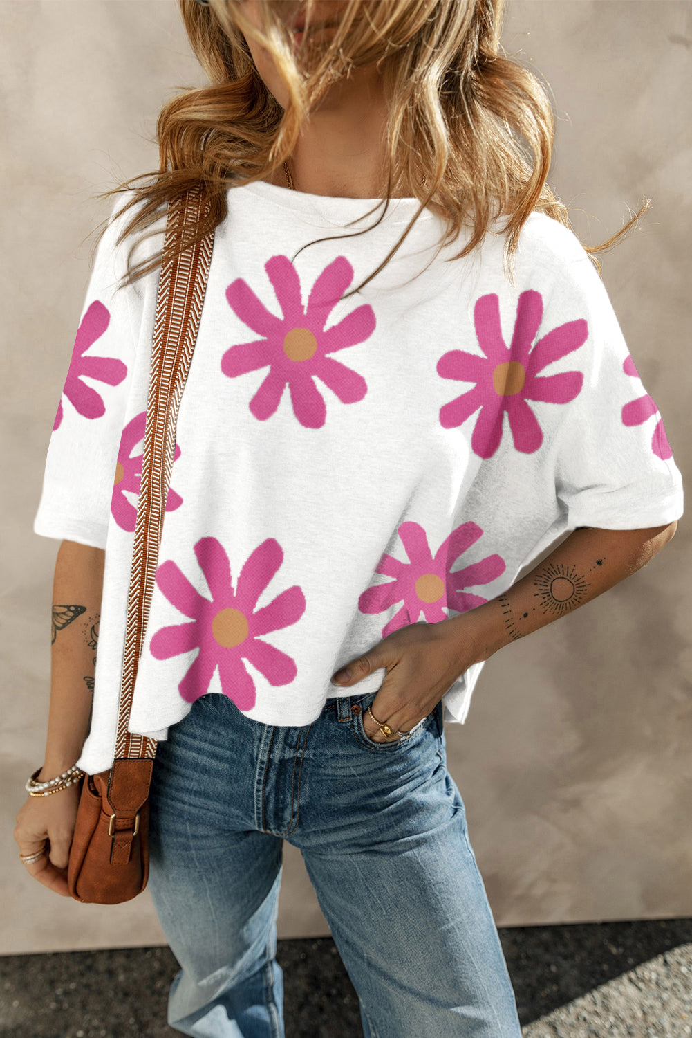 Gray Daisy Flower Printed Casual T Shirt