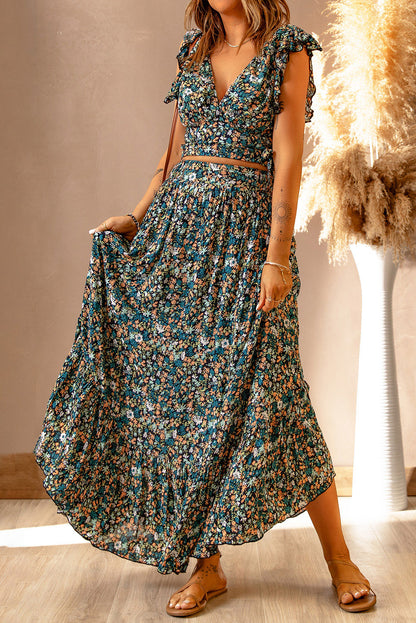 Black Multicolor Floral Ruffled Crop Top and Maxi Skirt Set