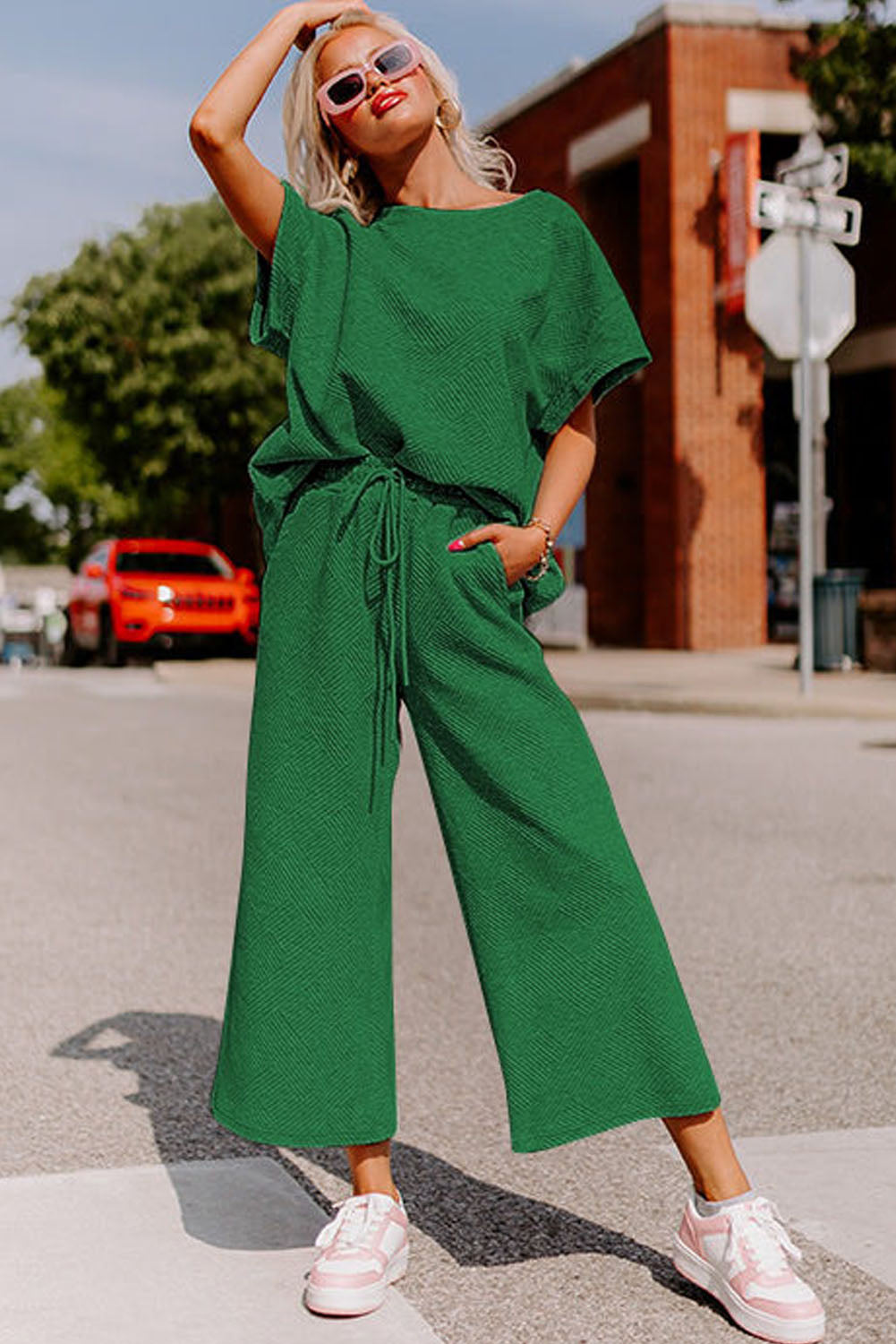 White Textured Loose Fit T Shirt and Drawstring Pants Set