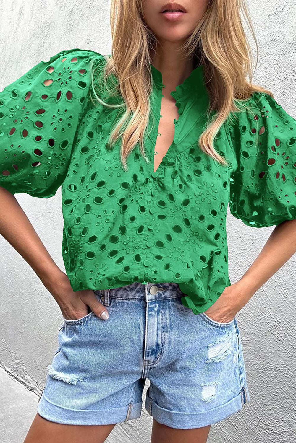 Green Flower Embroidered Hollow-out Puff Sleeve Blouse