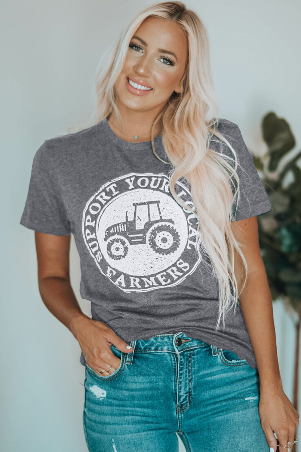 Camiseta estampada cinza APOIE SEUS AGRICULTORES LOCAIS