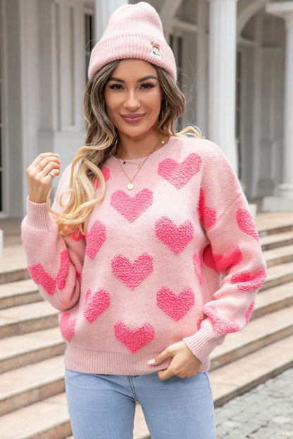 Pull en maille jacquard coeur Saint-Valentin rose clair