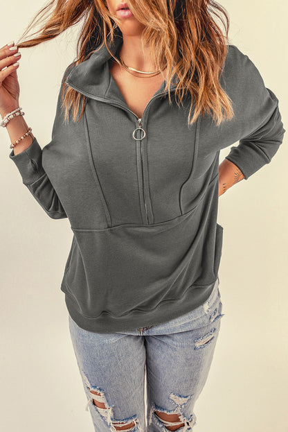 Sky Blue Solid Color Zip Collar Sweatshirt with Pockets