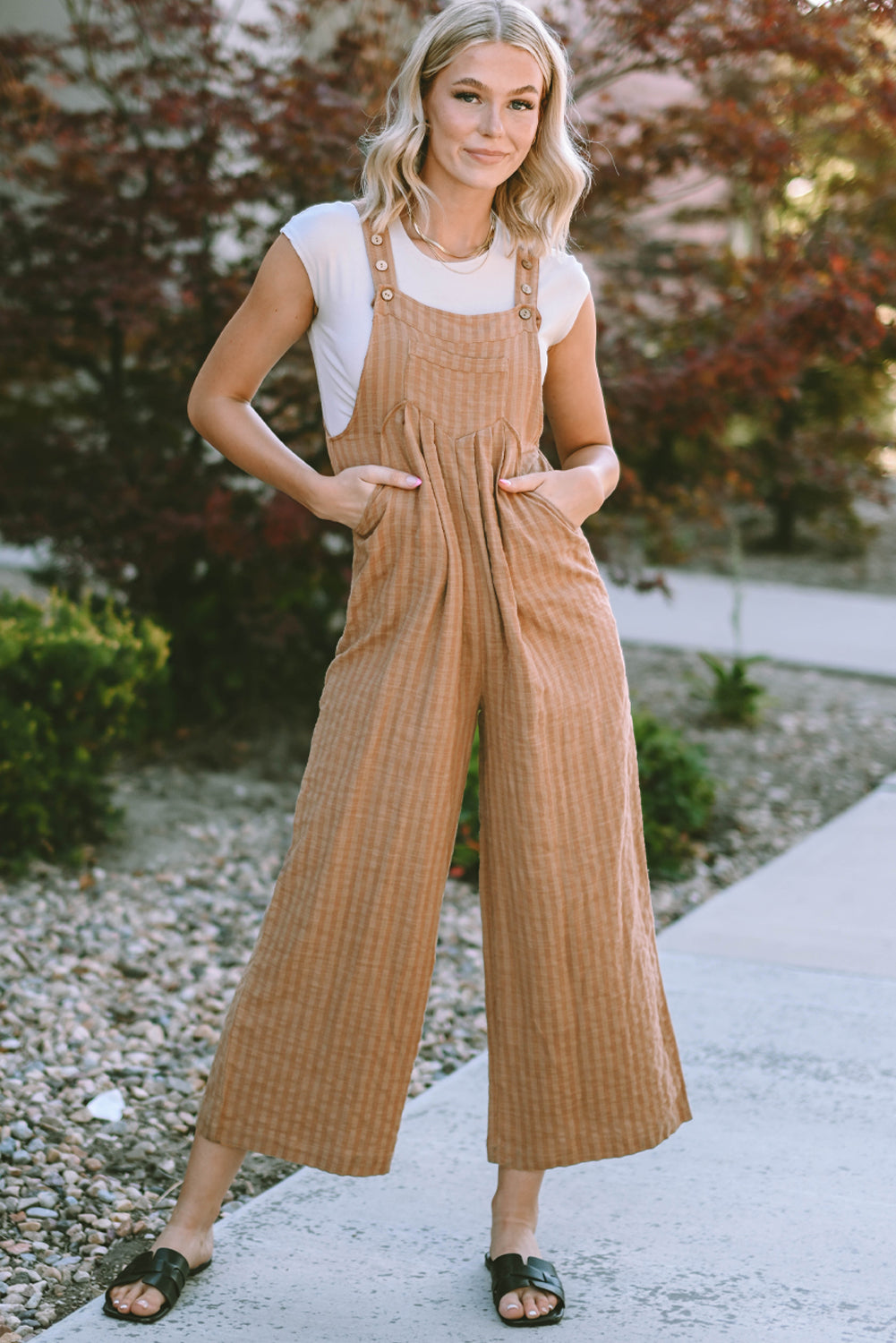 Brown Striped Pleated Wide Leg Pocketed Jumpsuit