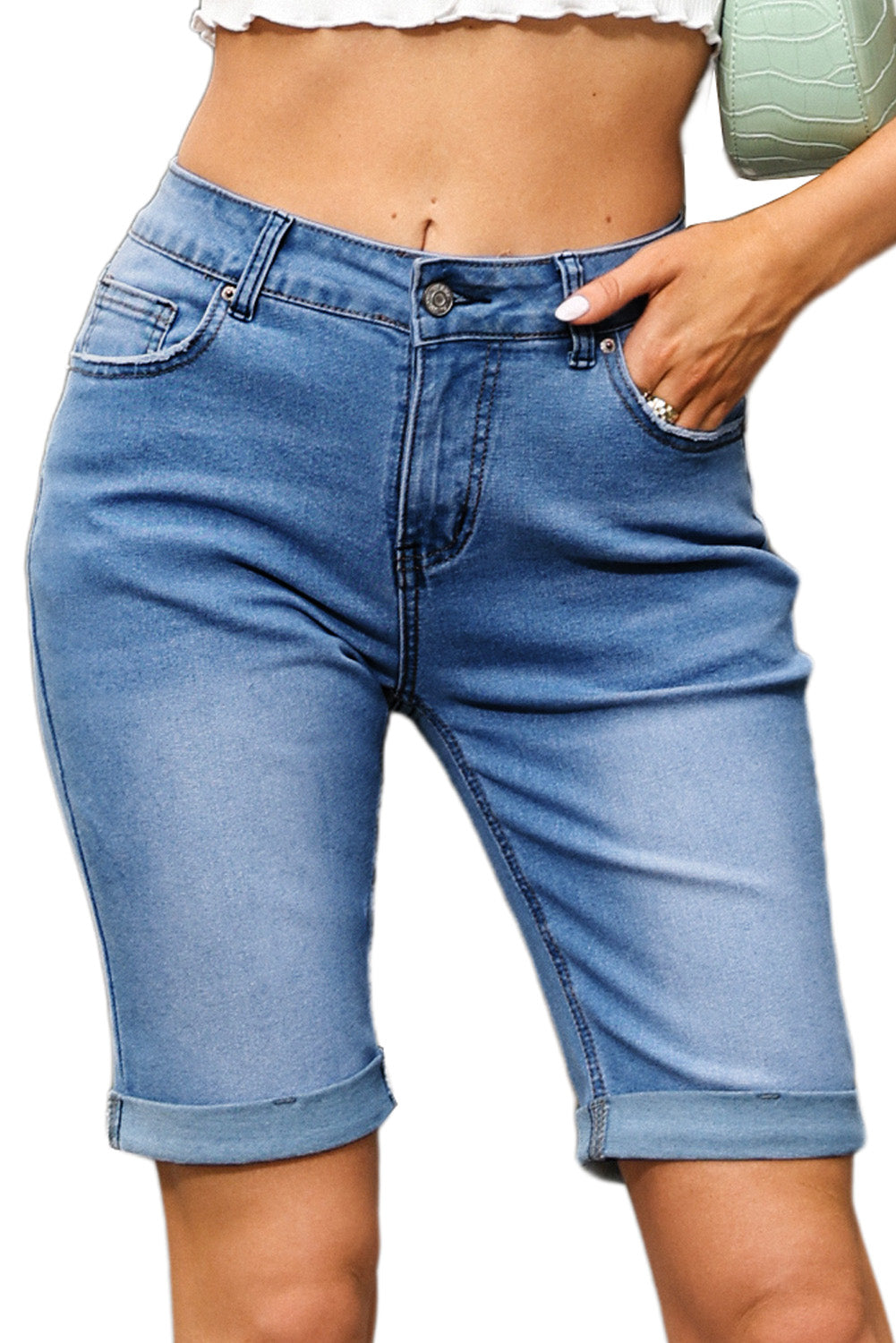 Bermuda Jeans Curta Azul Escura Acid Wash Roll-up Edge