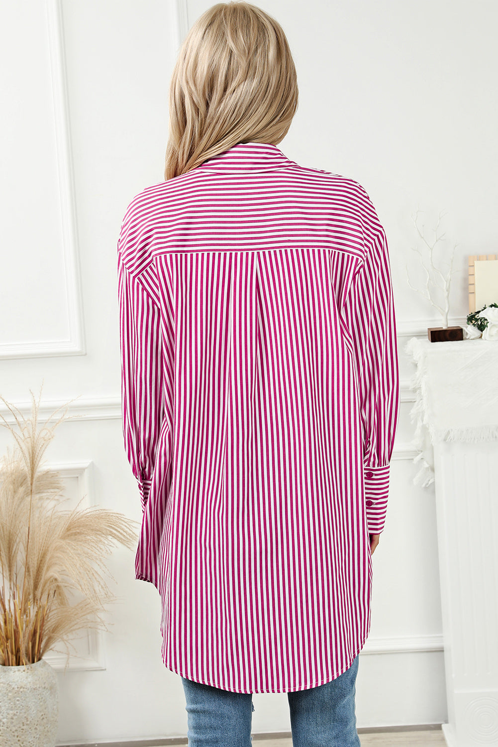 Striped Bishop Sleeve Side Slit Long Tail Shirt