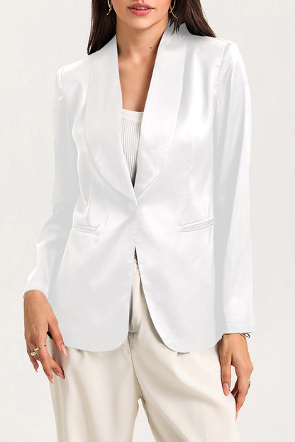 Blazer de colarinho branco com peito único e bolsos