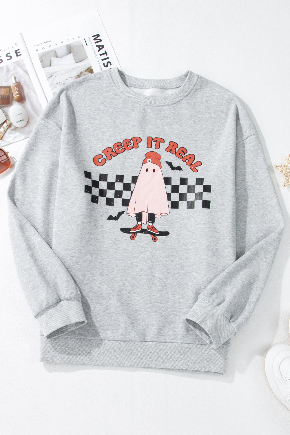 Light Grey Creep It Real Ghost Print Plus Size Sweatshirt