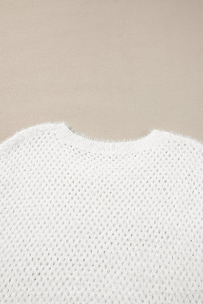 White Fuzzy Eyelet Knitted Sweater T-shirt