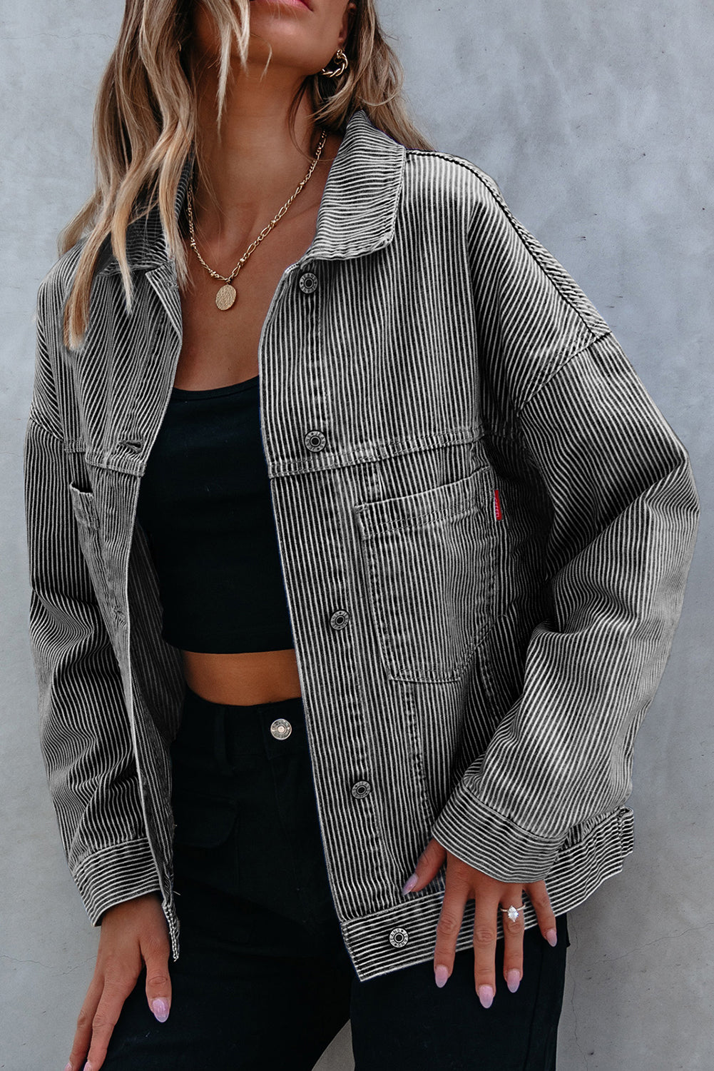 Blue Stripe Washed Oversize Pocketed Denim Jacket