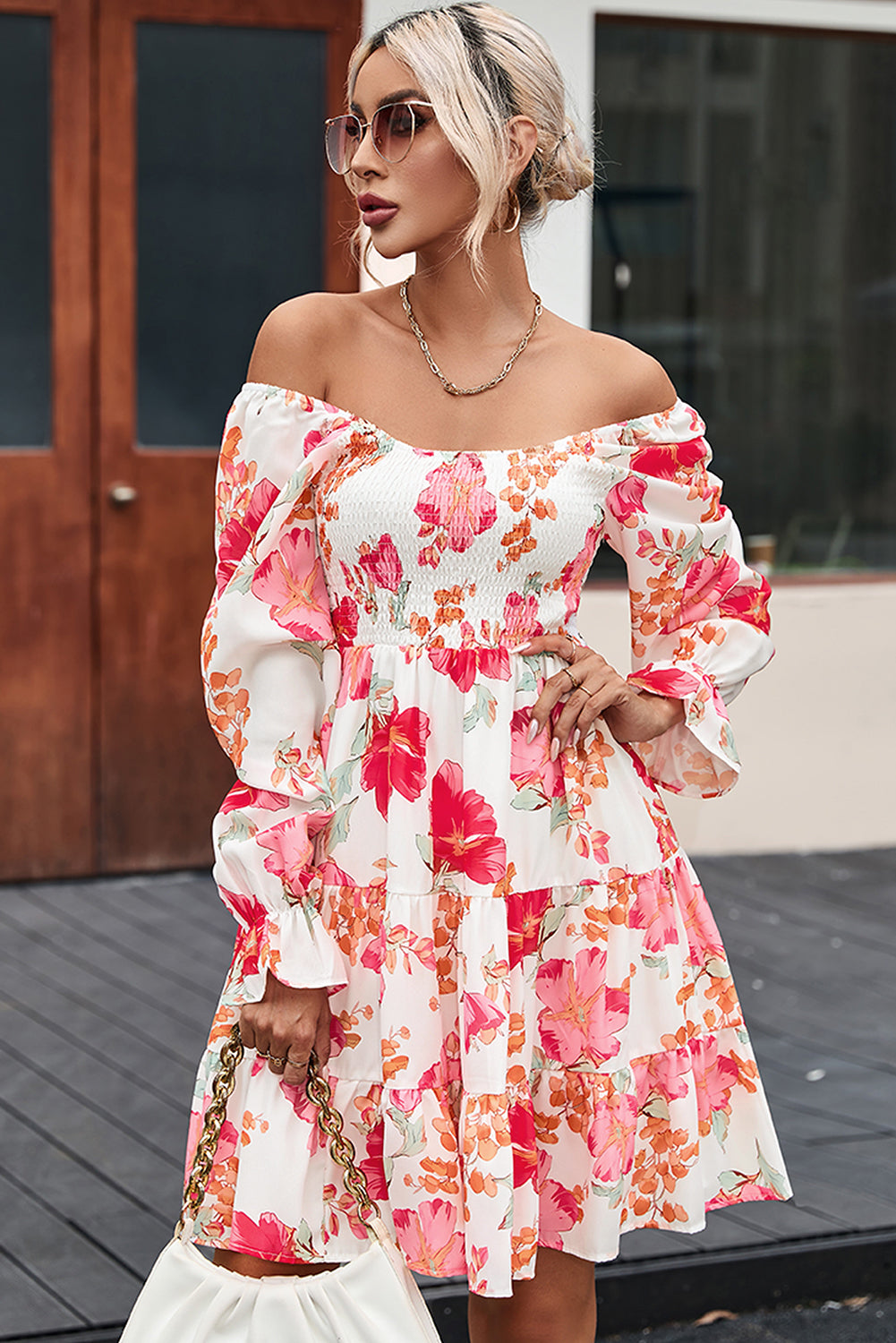 Fiery Red Smocked Tiered Floral Dress