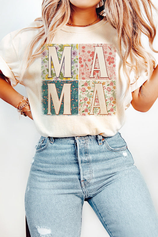 Camiseta casual com gráfico de bloco floral branco MAMA