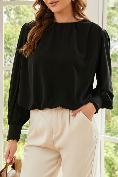 White Padded Shoulder Buttoned Cuffs Pleated Loose Blouse