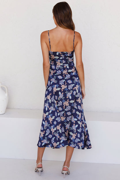 Vestido longo azul estampado floral busto nó com fenda