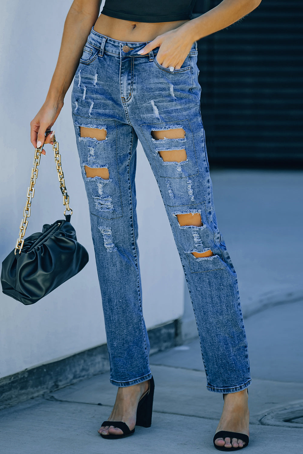 Gray Buttoned Pockets Distressed Jeans