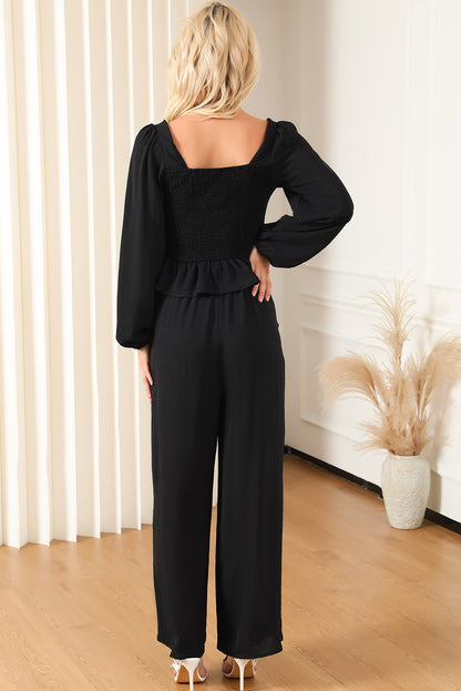 Black Square Neck Smocked Peplum Top and Pants Set