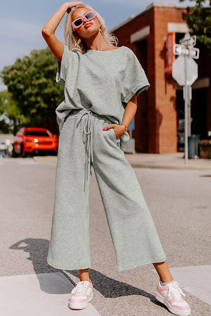 White Textured Loose Fit T Shirt and Drawstring Pants Set