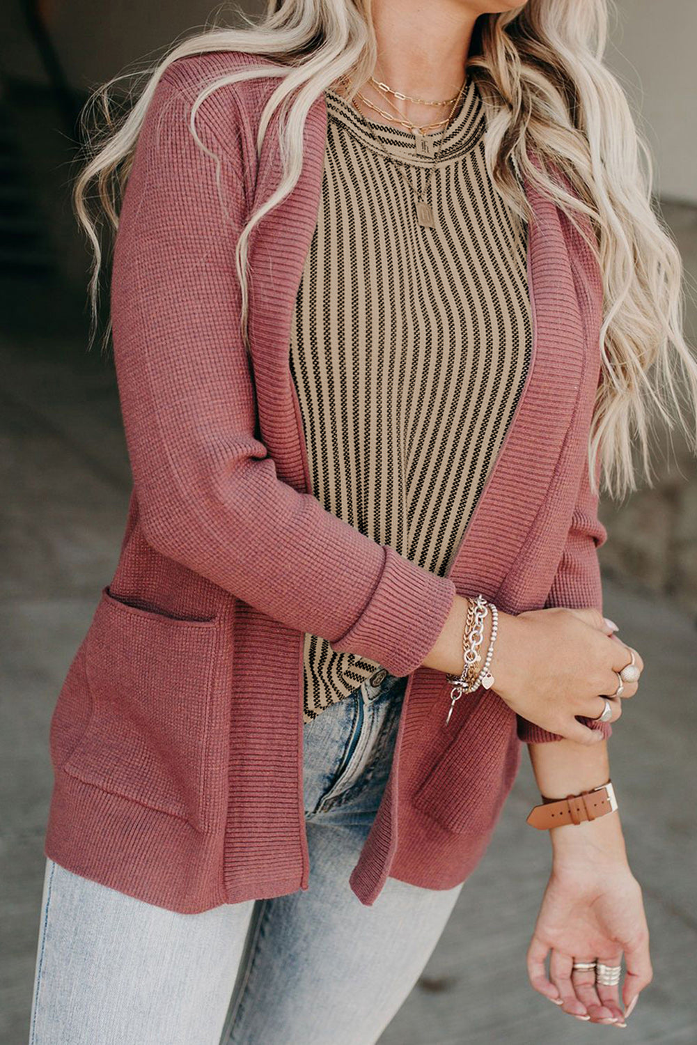 Gray Crew Neck Ruffled Striped Tank Top