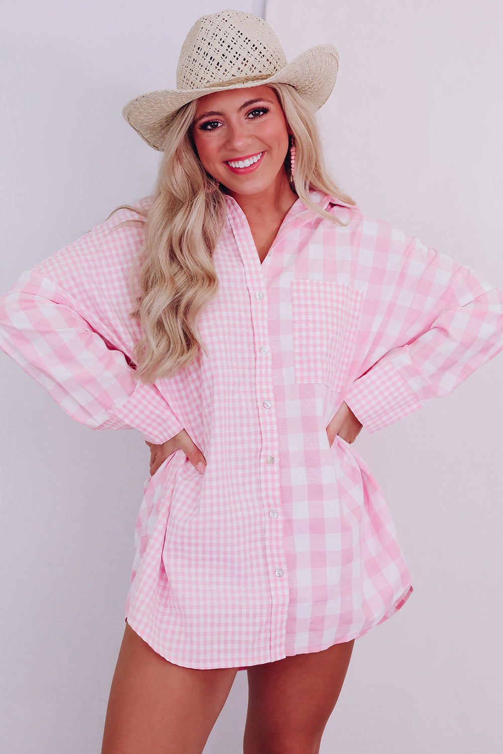 Sky Blue Mix Checked Patchwork Long Sleeve Shirt