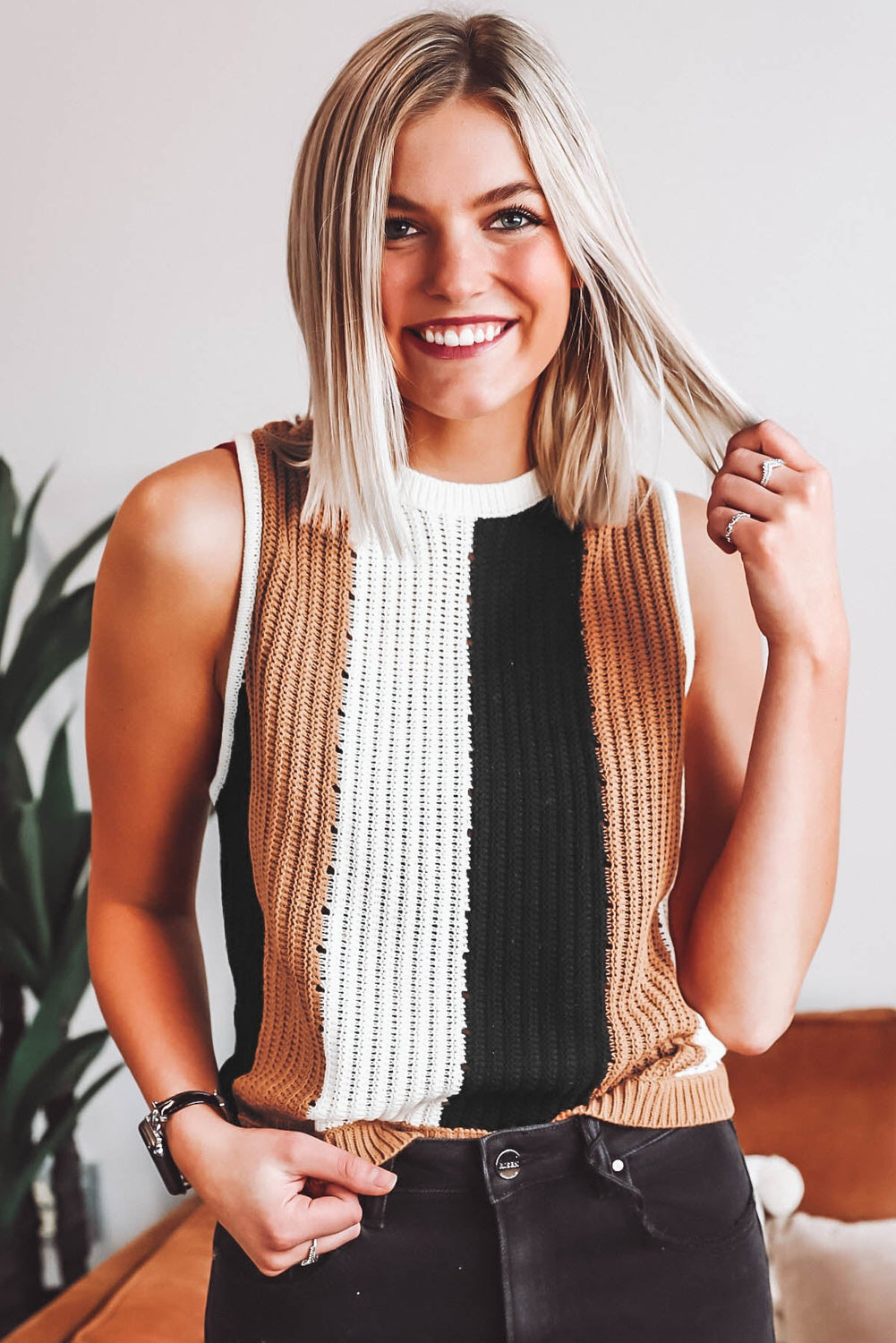 Khaki Stripe Color Block Sleeveless Knitted Sweater Vest