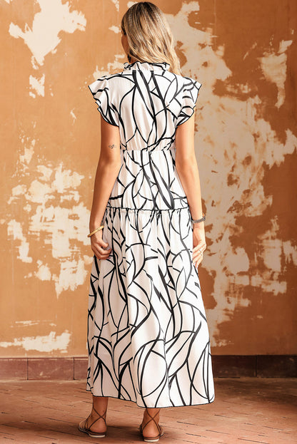 White Abstract Vein Print V Neck Ruffle Maxi Dress - Posh Discount