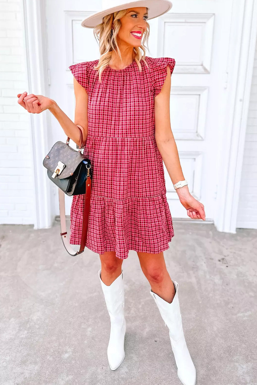 Red Clay Plaid Print Flutter Sleeve Ruffle Tiered Mini Dress