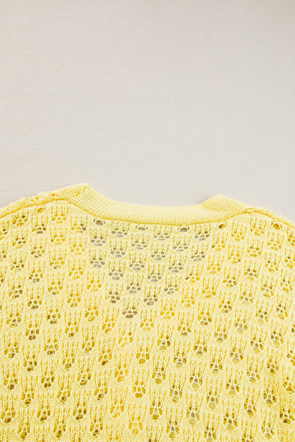 Yellow Pointelle Knit V Neck Sweater Cardigan