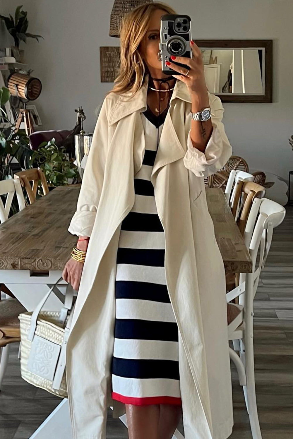 Stripe V Neck Cap Sleeve Midi Dress - Posh Discount