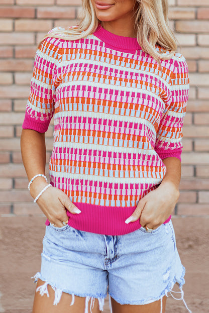 Red Striped Knitted Short Sleeve Sweater Top