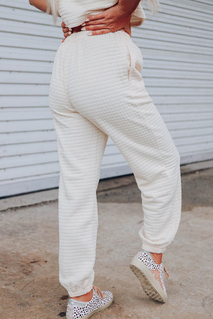 Rose Red Lattice Textured Cropped Tee and Jogger Pants Set