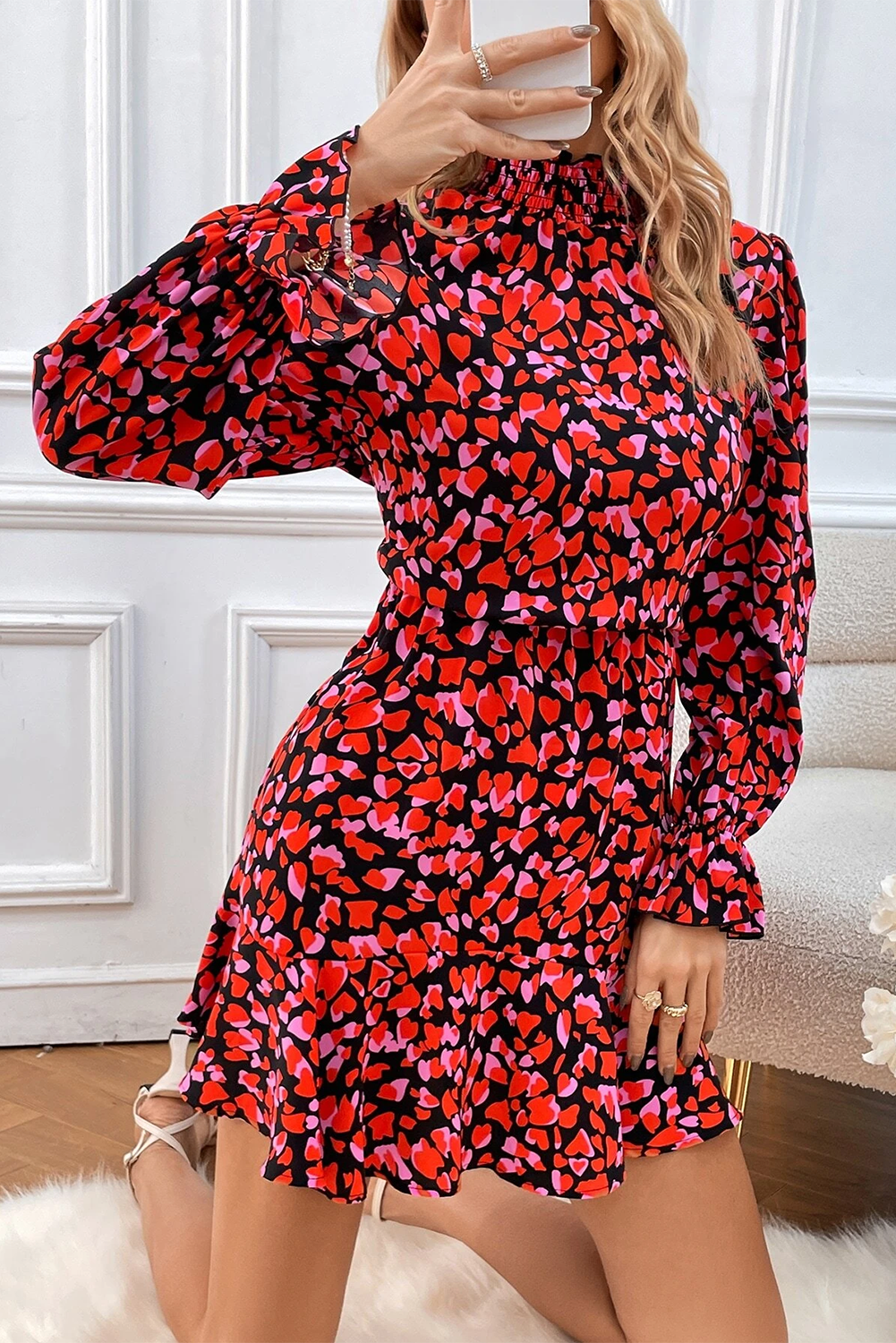 Red Valentines Day Heart Shape Print Long Sleeve Mini Dress - Posh Discount