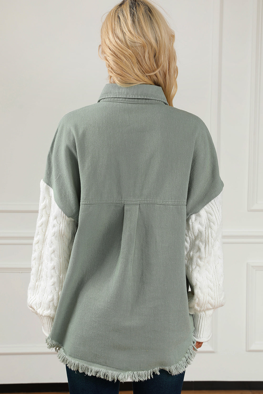 Green Cable Knit Sleeve Raw Hem Shacket