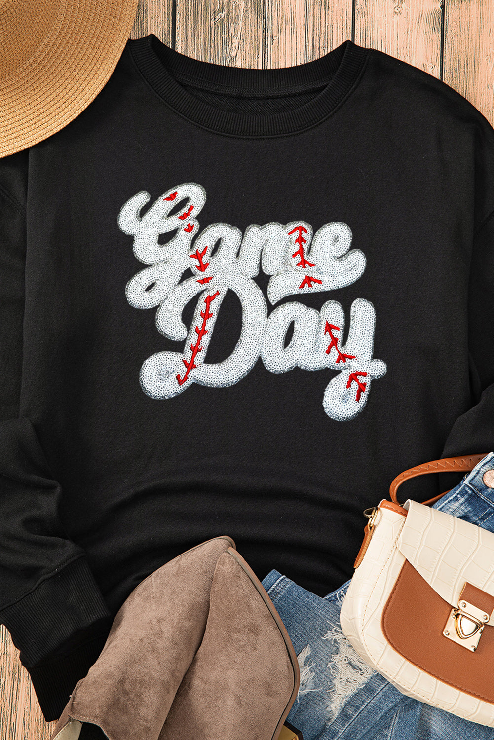 Black Sequined Game Day Graphic Crew Neck  Sweatshirt