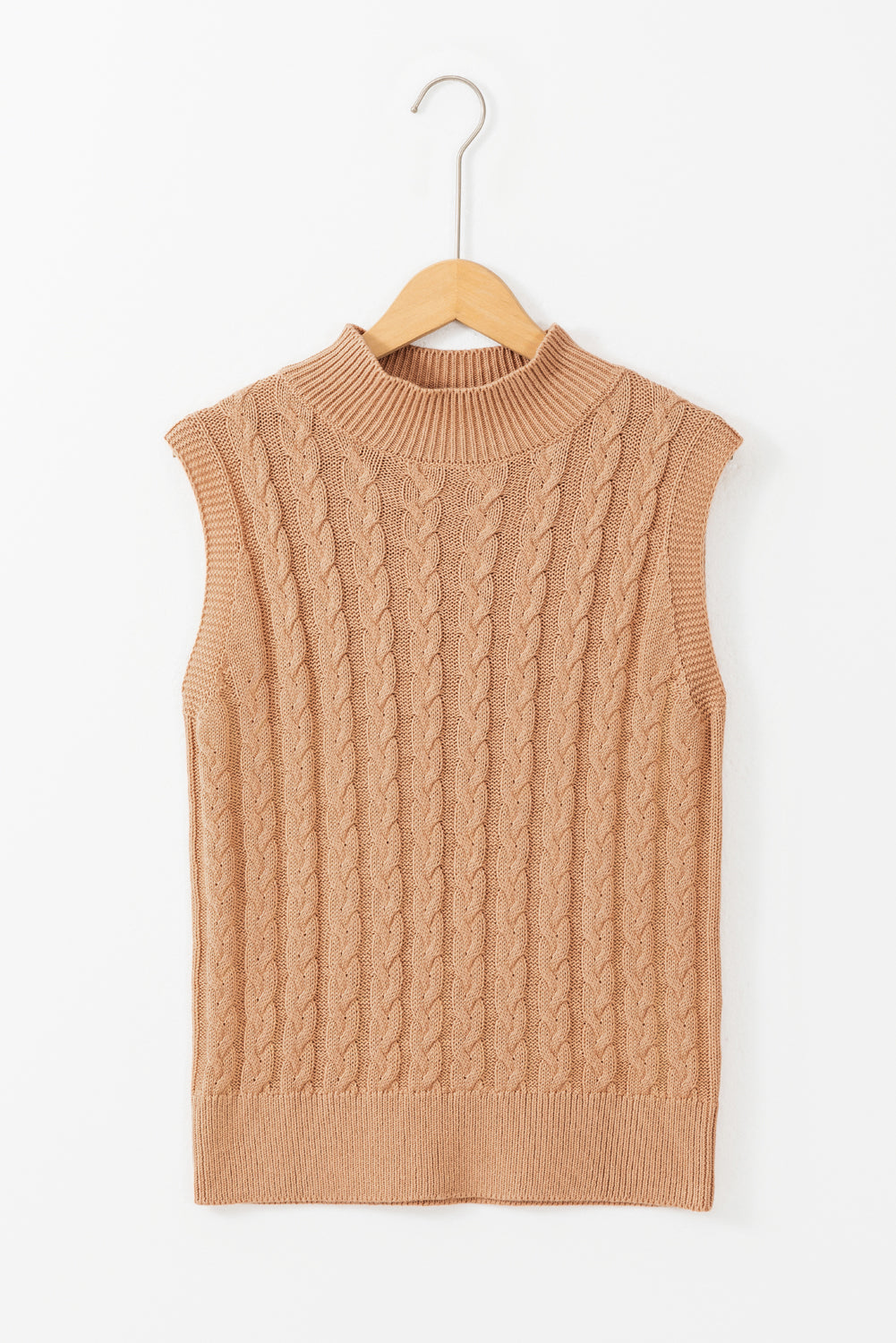 Light French Beige Solid Color Cable Knit High Neck Tank Top