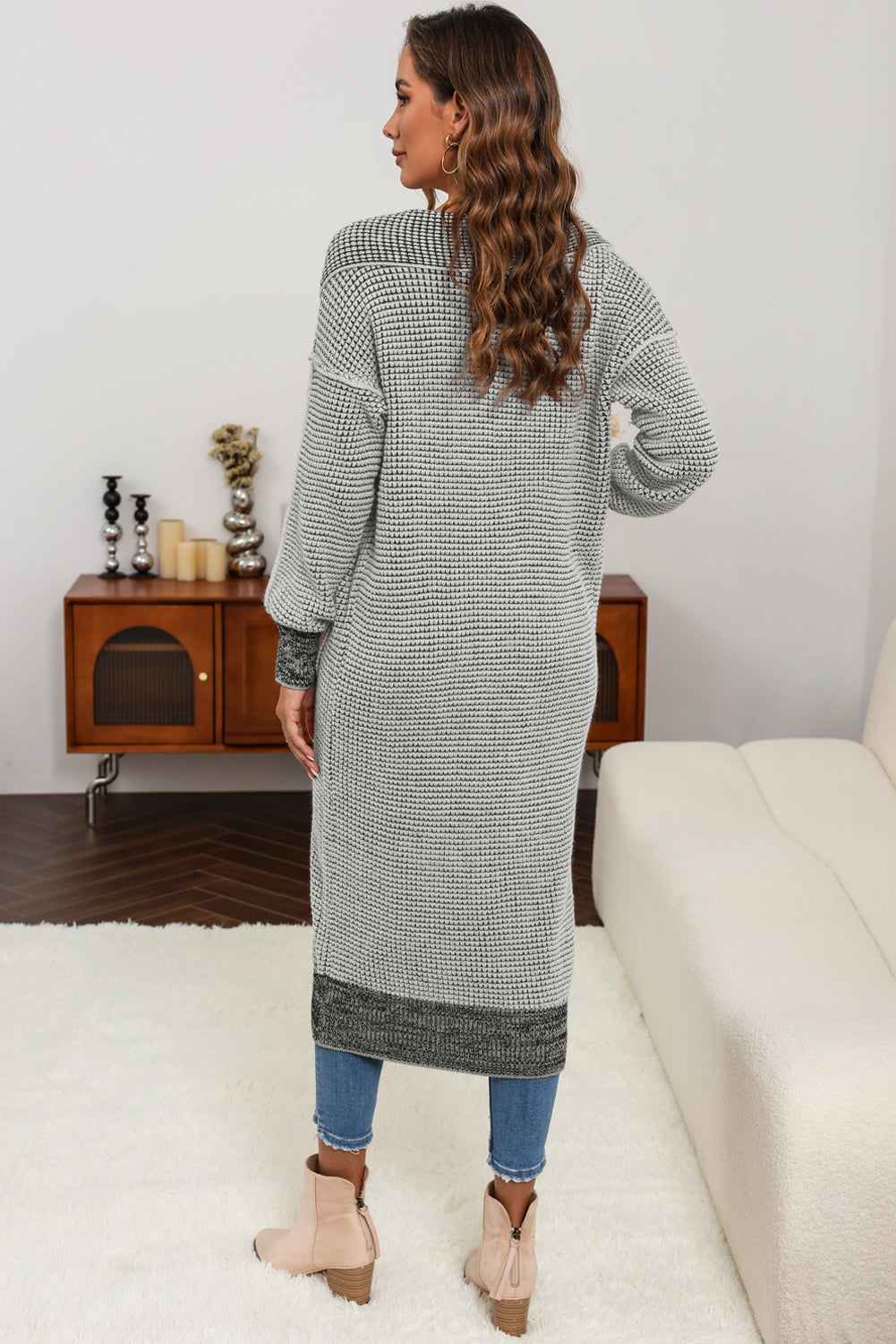 Cardigan Duster com Bolsos em Malha Texturizada Cinza