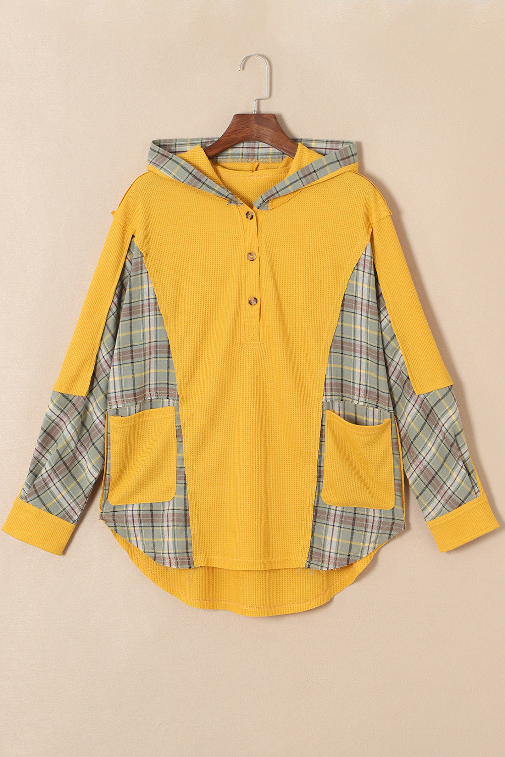 Yellow Waffle Knit Plaid Patchwork Pocketed Henley Hoodie