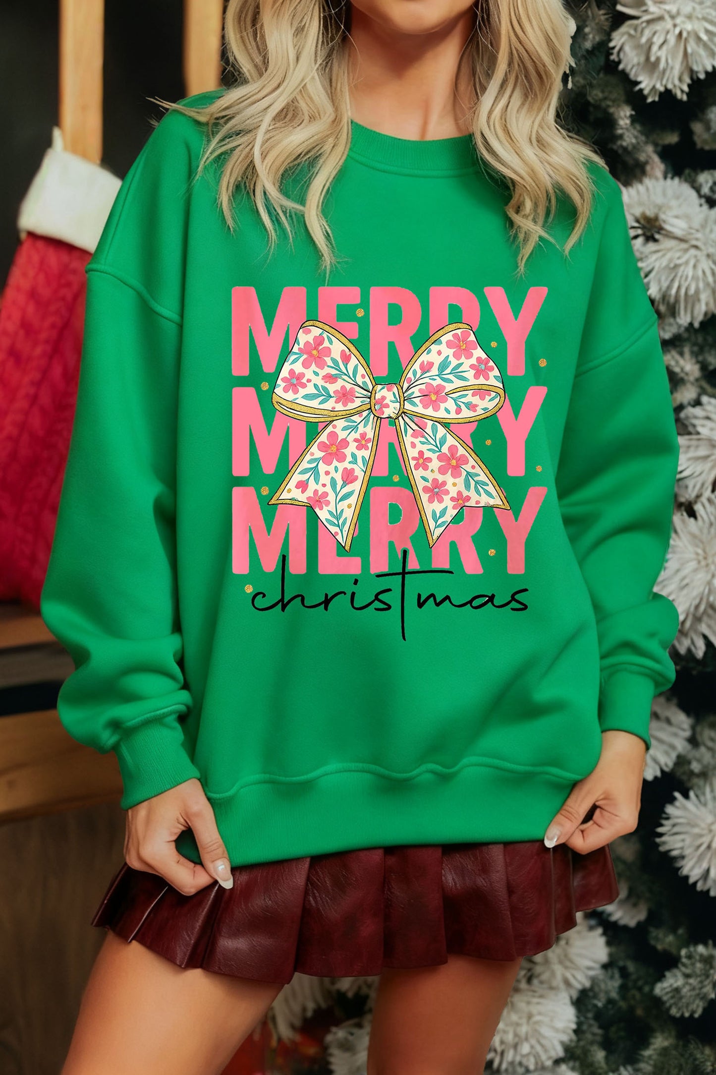 Dark Green MERRY Christmas Floral Bow Graphic Drop Shoulder Sweatshirt