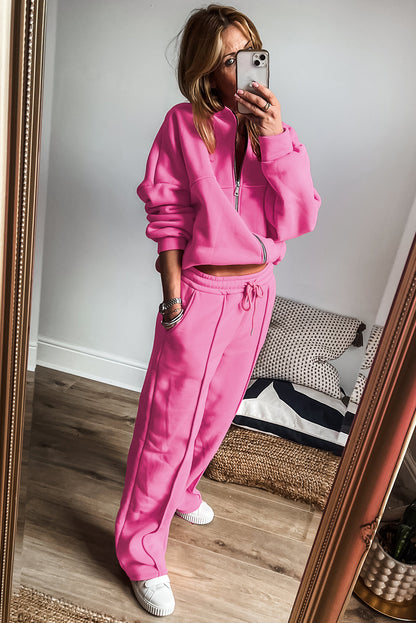 Bright Pink Solid Seamed Zipper Jacket and Drawstring Waist Pants Set