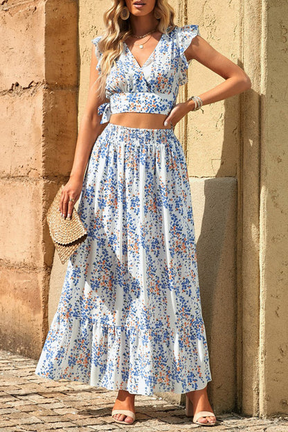 Black Multicolor Floral Ruffled Crop Top and Maxi Skirt Set