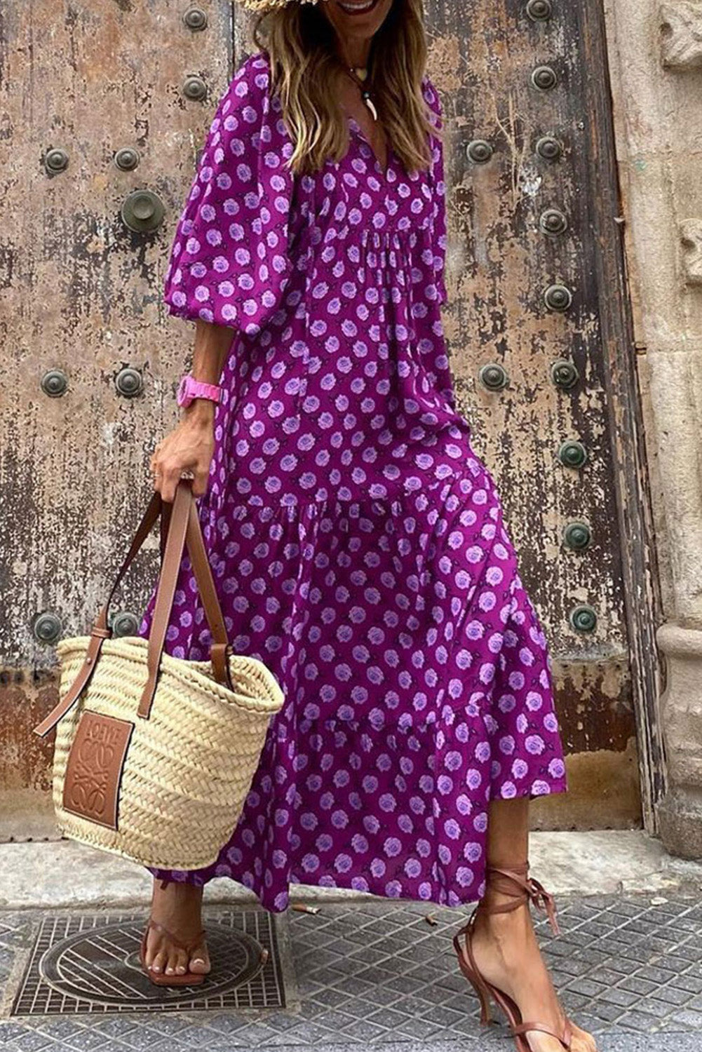 Vestido Maxi Roxo Boho Estampado Manga Puff