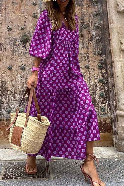 Vestido Maxi Roxo Boho Estampado Manga Puff