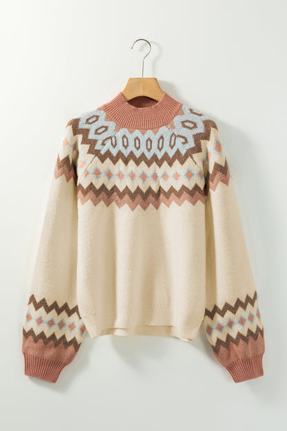 Khaki Geometric Pattern Ribbed Trim High Neck Sweater