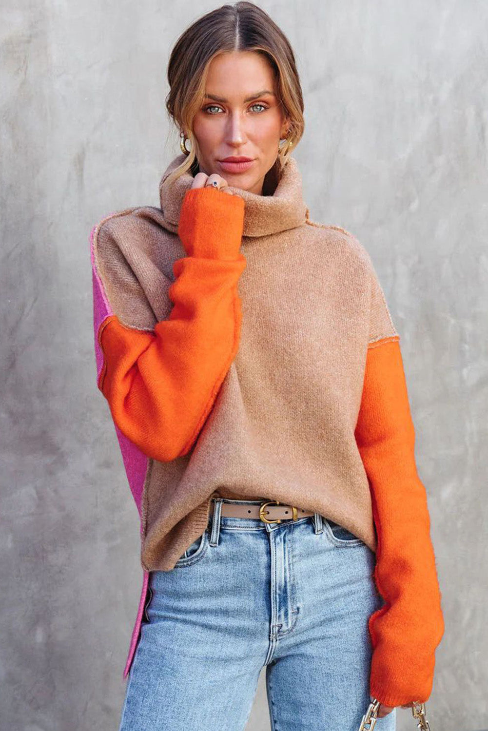 Clay Red Color Block Turtle Neck Drop Shoulder Knit Sweater