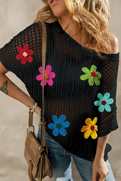 Camiseta suéter oco com flor de crochê preta