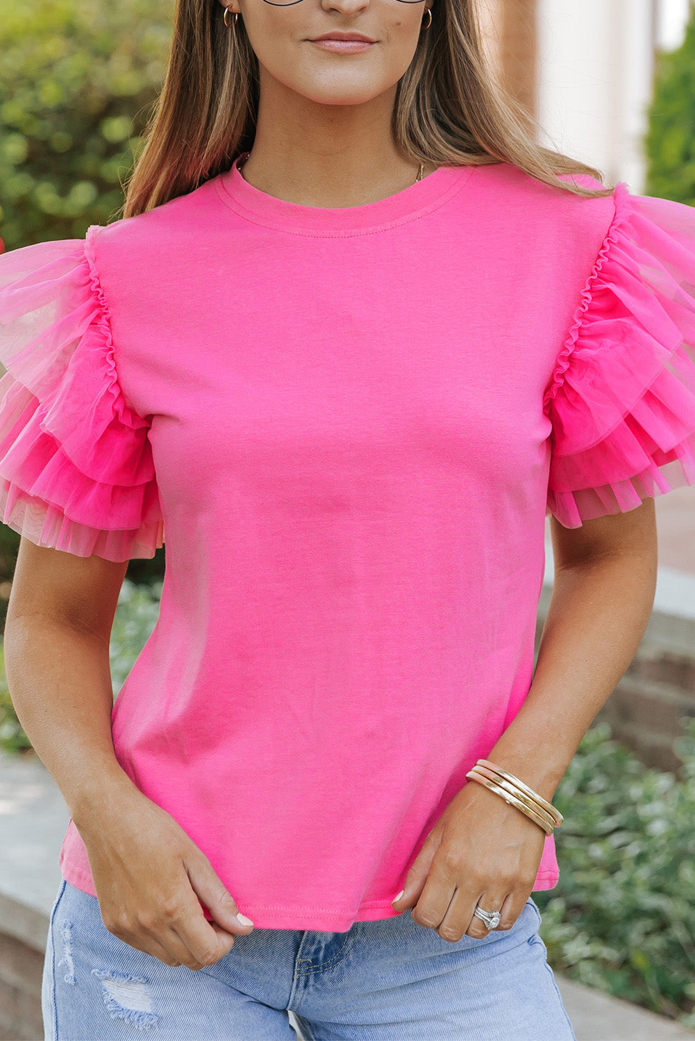 Black Tulle Ruffle Sleeve Blouse