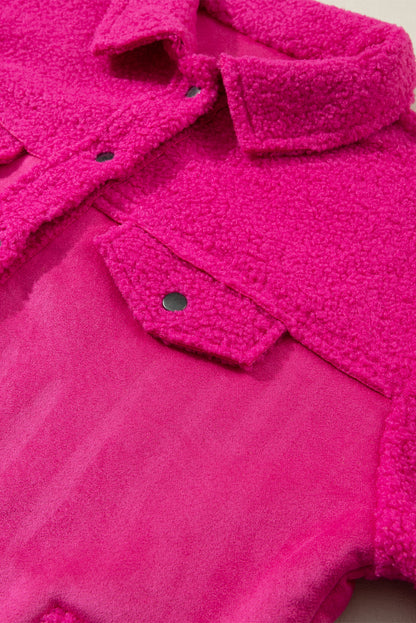 Bright Pink Faux Suede Sherpa Patchwork Button-up Shacket