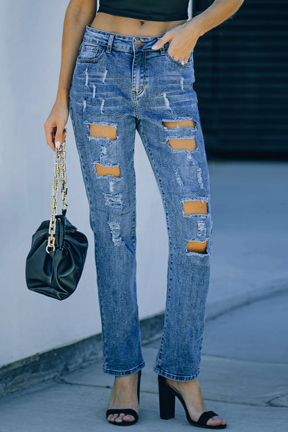 Jeans desgastados com bolsos abotoados cinza