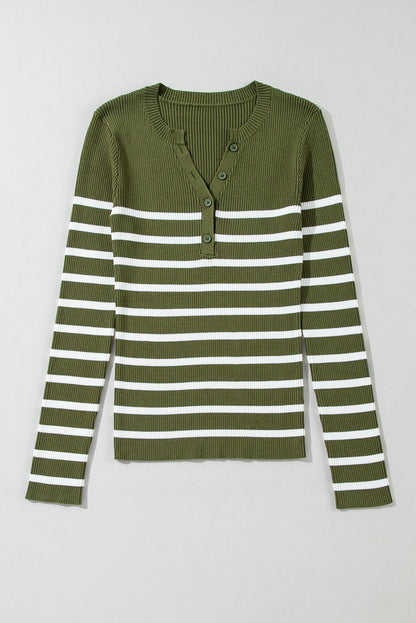 Green Stripe Ribbed Knit Henley Buttons Slim Fit Sweater